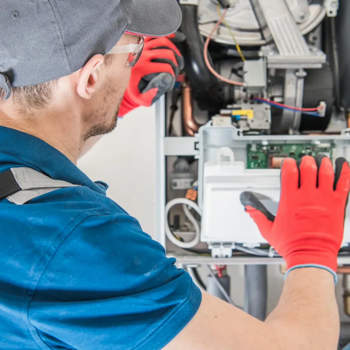 Technician in red gloves servicing a boiler's controls