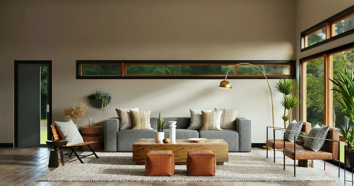Bright living room with a grey sofa and large windows
